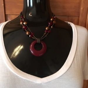 Necklace- bronze- beaded chain maroon pendant